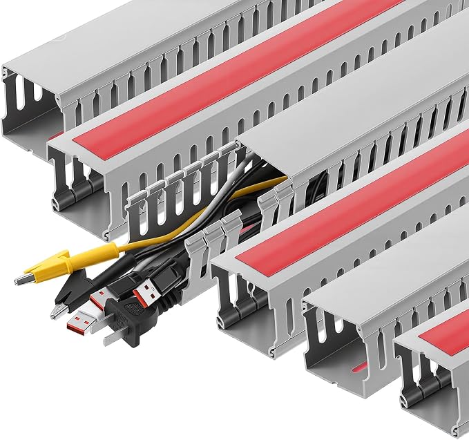 6 Pack 15.7 Inch Server Rack Cable Management Raceway PVC Cable Duct with Acrylic Adhesive Open Slot Wire Raceway Cables Management for Under Desk TV Computer Network Cords, Gray