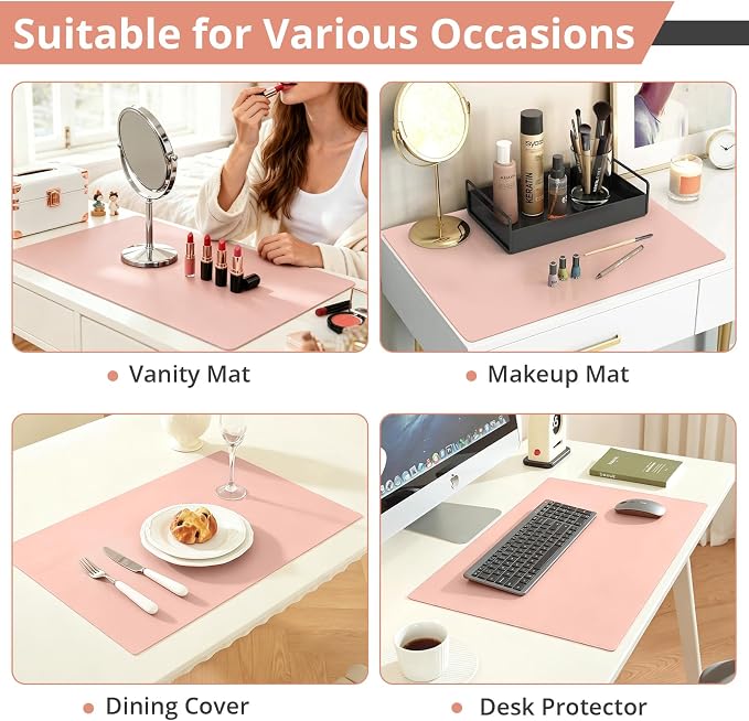 LovePads Makeup Mat for Vanity, 16 x 32 Dual-Sided Desk Pad & Vanity Cover Top, Waterproof PVC Protector Mat for Dresser, Nail Art, Craft Tables (Pink+Silver)