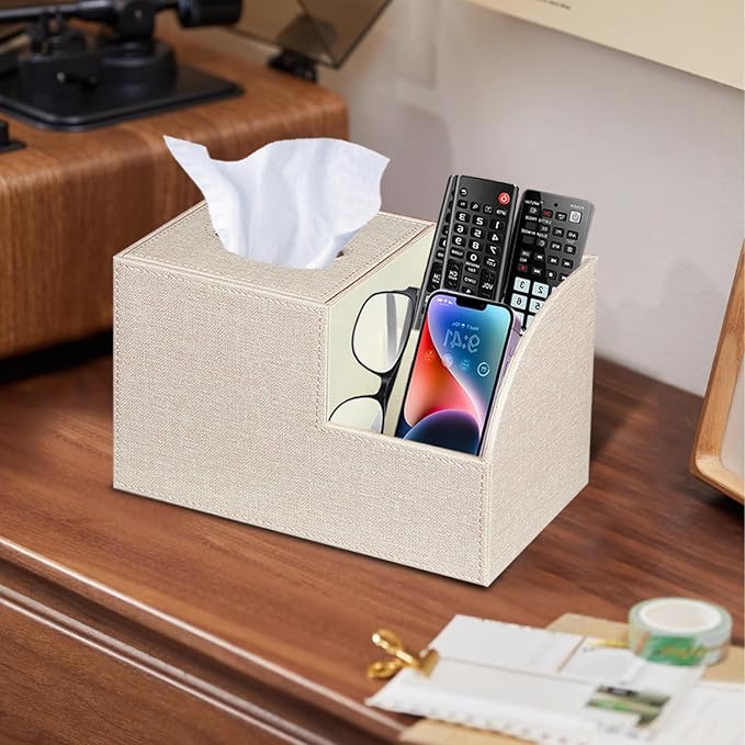 PU Leather Square Tissue Box Cover - Multi-Functional Tissue Box Holder | Tissue Box Cover with Storage,Tissue and Remote Control Holder/Caddy,Cube Tissue Box Organizer Bedroom Nightstand End Table