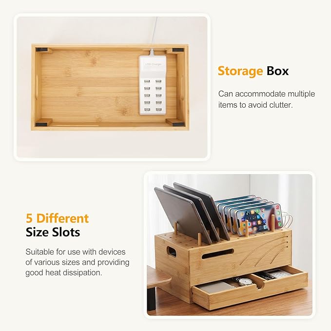 Homde Office Charging Station Organizer: 2 Layer Charger Holder (Natural) | Bamboo Electronic Docking Stand for Multiple Devices Tablets Phones - Drawer for Home