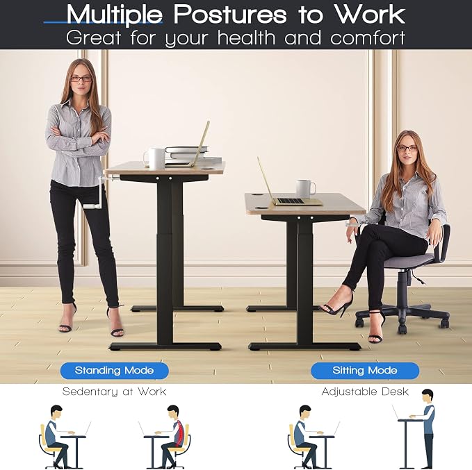 COSTWAY Crank Standing Desk Frame, Manual Hand Crank Workstation Base, Ergonomic Sit to Stand Base w/Foldable Crank Handle, Hook, Cable Management Rack (Black)