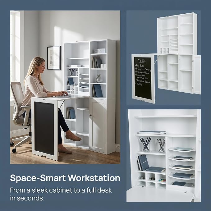 Utopia Alley Fold Down Wall Desk with Storage Shelves – Space Saving Murphy Desk Cabinet for Home Office, Craft Room, Apartment & Small Spaces, White