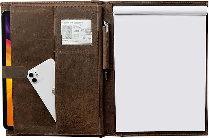 Leather A4 Conference Folder | Professional Organizer for Men and Women | Handmade Durable Leather Portfolio with Sleeves for Documents and Notepad by Rustic Town (Brown)