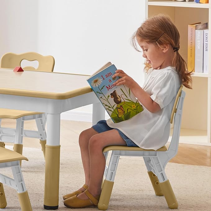 DOREROOM Adjustable Kids Table & 4 Chairs Set, 31.5" L x 23.6" W, Beige-W | Graffiti Desktop,Table Supports 300 lbs,Toddler Ages 2-8，FSC-certified, Children Activity Table for Daycare, Classroom, Home