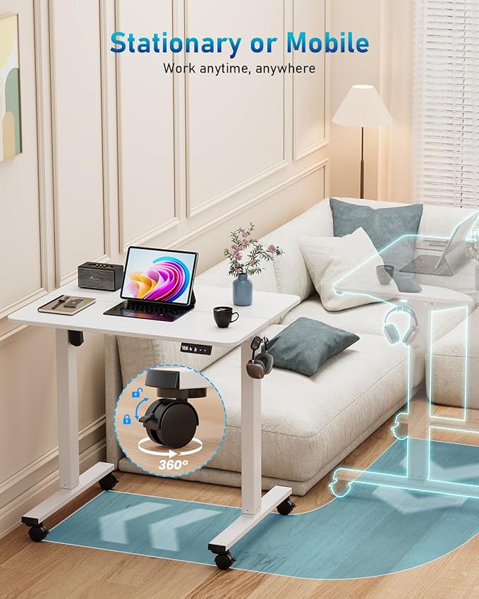 32" Small Electric Rolling Standing Desk Adjustable Height, Mobile Sit Stand up Desk with Lockable Casters for Home Office & Computer Workstation, Splice Board, 2 Hooks, White Frame/White Top