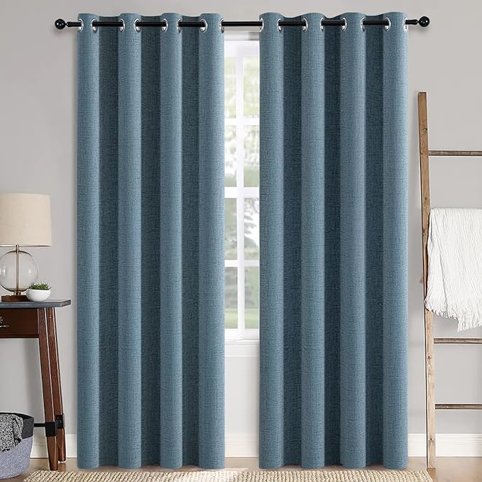 MIULEE Linen Texture Curtains for Bedroom Solid 100% Blackout Thermal Insulated Dusty Blue Curtains Grommet Room Darkening Drapes Luxury Decor for Living Room 52x72 Inch (2 Panels)