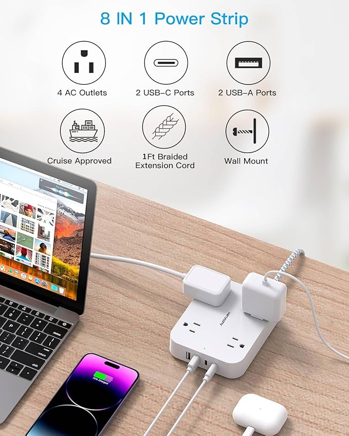 1 Ft Flat Plug Extension Cord, HANYCONY Power Strip with 4 USB Ports(2 USB C), 4 Widely Outlets Extender, Wall Mount, Desk Charging Station for Office, Travel and Cruise Ship Essentials