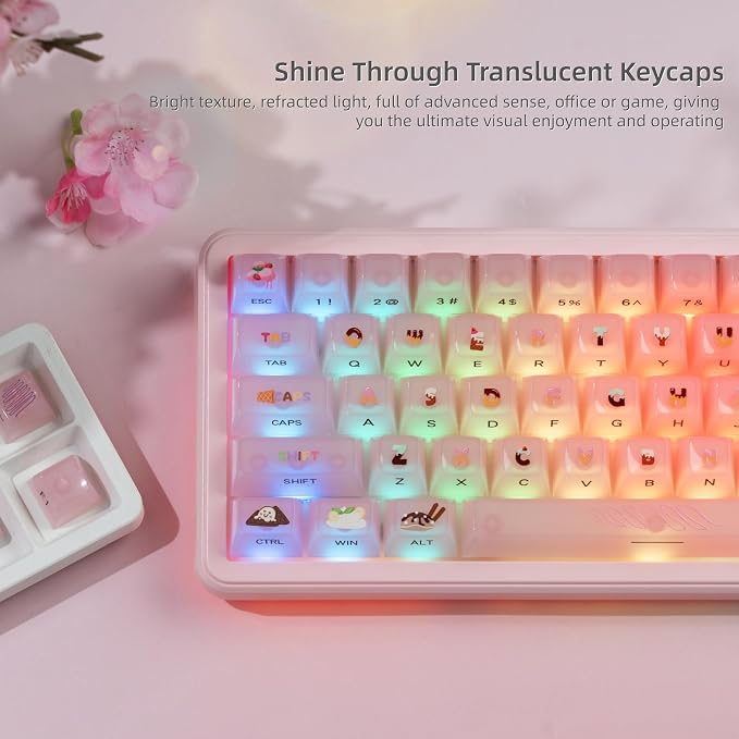 Womier Pink Jelly Keycaps, Ceramic Keycaps Style Clear Keycap, Ice-Cream Cute Transparent Shine Through Custom 60 65 75 100 Percent for Cherry MX,Gateron Mechanical Keyboards, MDA Profile-Pink