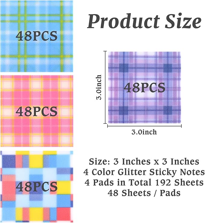 192 Sheets Transparent Sticky Notes, 3 x 3 Clear Self-Stick Note Glitter, Waterproof Translucent Memo Pads, See Through Self-Adhesive Note for Office School (Multicolored Plaid)