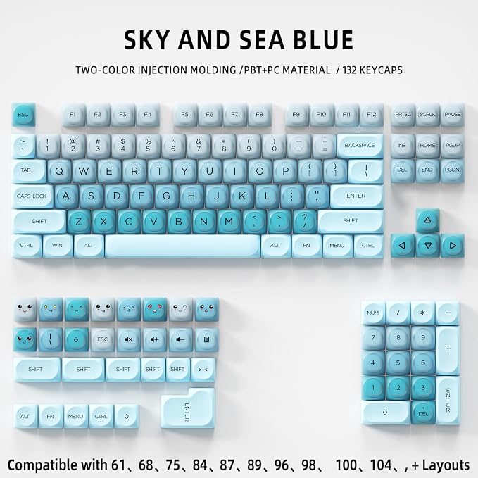 Guffercty kred Jelly Keycaps, 132pcs Cute PBT Keycaps HOA Low Profile Round Custom Keycaps for 60%/65%/75%/80%/96%/100% Mechanical Gaming Keyboards(Blue Sky)