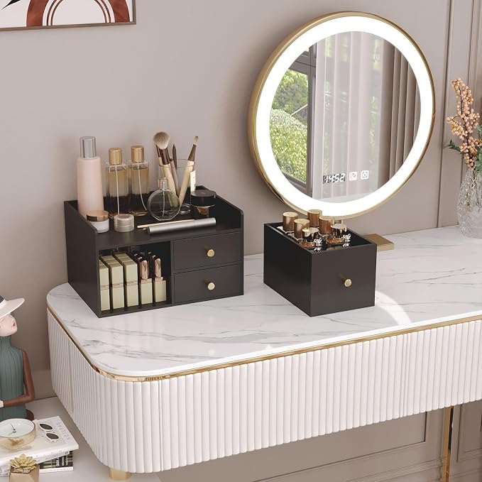 Bamboo Desk Organizer with Drawers,Wooden Desktop Storage (Black,3 Drawers) | 100% Bamboo 3 Pull-Out Drawers No Assembly Required Space-Saving Design