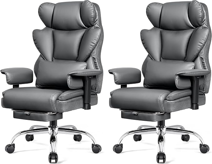 Office Chair 400 LBS, Heavy Duty High Back Executive Desk Chair | 23.6" Extra-Wide Seat with Footrest for Big & Tall Users, Ergonomic Lumbar Support, 165° Recline, Padded Arms, Gray, 2 Pack