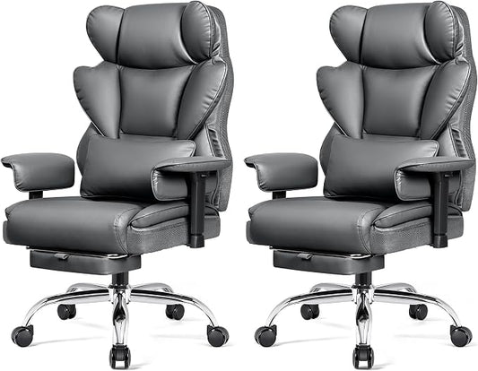 Office Chair 400 LBS, Heavy Duty High Back Executive Desk Chair | 23.6" Extra-Wide Seat with Footrest for Big & Tall Users, Ergonomic Lumbar Support, 165° Recline, Padded Arms, Gray, 2 Pack