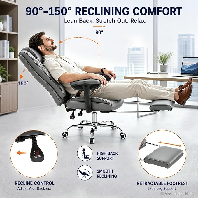 Big and Tall Office Chair，Heavy Duty Wide Executive Office Chair(Grey) | Breathable Leather，Double-layered Backrest，Seat Cushion Designed of Deluxe Embroidery Leather，Foot Rest, Adjustable Armrests