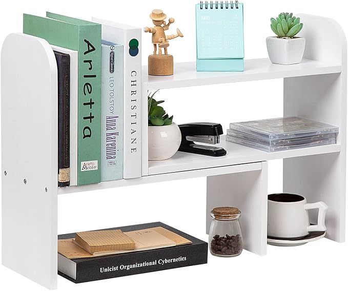 Desktop Adjustable Natural Wood Book Shelf Organizer Office Storage Rack Display Stand Caddy Set Expandable Desk Organizer (White)