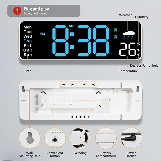 Digital Wall Clock, Digital Clock Large Display, Corded Alarm Clocks with Weatherforecast, Day of the Week, Temp, Humidity, Auto DST, Countdown, for Living Room Bedroom Classroom Office, Blue