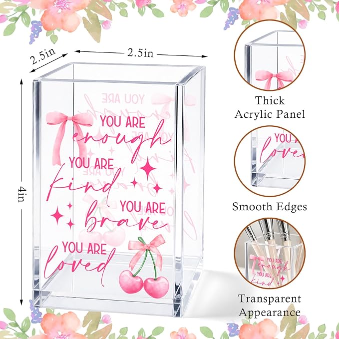 Acrylic Pen Holder Cup, Inspirational Affirmations Desk Decor, Positive Quotes Pencil Holder Organizer, Aesthetic Office Accessories, Encouragement Gift for Women Teen Girls
