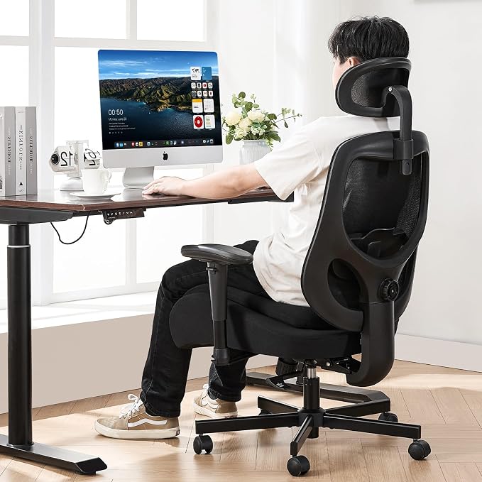 Office Chair with Ergonomic Lumbar Support and Mesh Back for Home Office, Desk Chair with Wide Seat and Adjustable Arms for Computer Desk, Computer Chair with Rocking Backrest and Wheels for Work