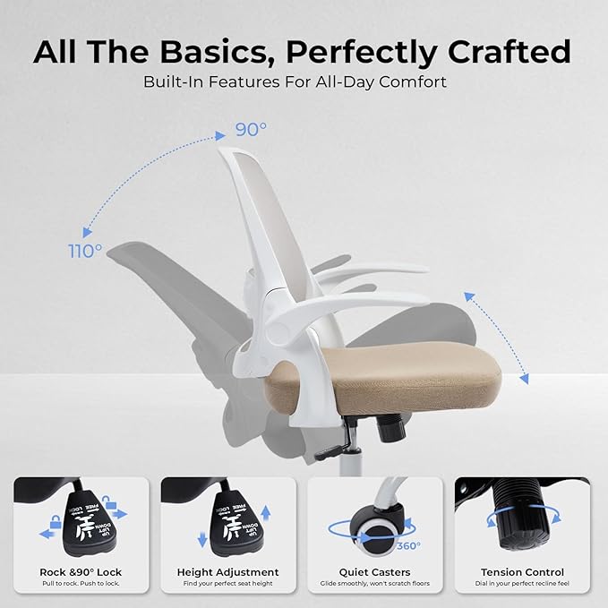 Ergonomic Mesh Office Chair for Home Office, Flip-Up Arms, Breathable Mesh Back & Thick Seat Cushion, Swivel Rolling Computer Desk Chair – BIFMA Certified, Supports 300 lbs (White Frame/Beige Seat)