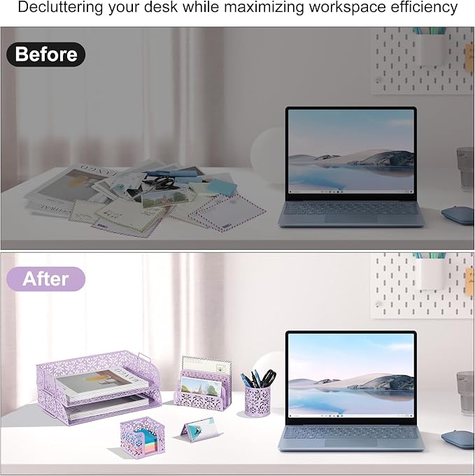 EasyPAG Desk Organizers and Accessories 5 Pieces Office Supplies Set - 2 Tier Paper Tray, Pencil Organizer for Desk, Mail Sorter Countertop, Business Card Holder and Sticky Note Holder, Purple