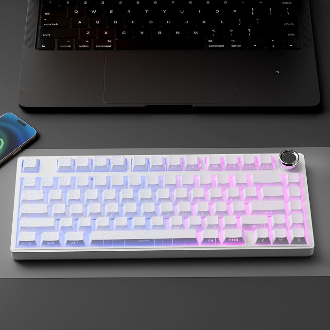 White Topographic PBT Keycaps,97 Key Caps Set Side Printed,No Tear & Fade Shine Through RGB Backlit Cherry Profile Keycaps (Ergonomic,Doubleshot) for 61/64/66/68/71/75/84/87 MX Mechanical Keyboards