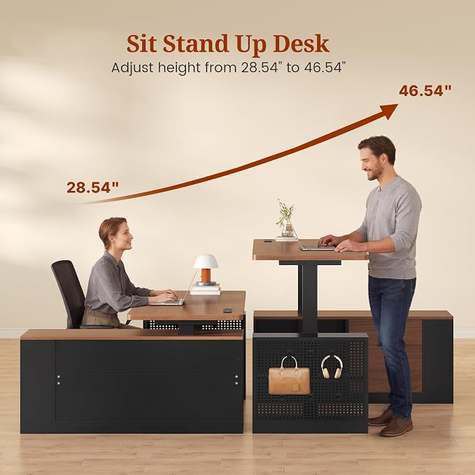 UPOSOJA L Shaped Standing Desk Adjustable Height, 53" Electric Office Desk with File Drawers & Storage Shelves, Sit Stand Corner Computer Desk with Power Outlets, Pegboard, 6 Hooks, Black & Walnut