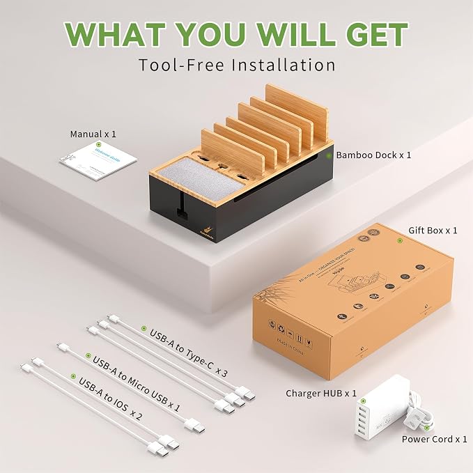 Pezin & Hulin Docking Station for Multi Devices -Natural + Black | Cable Management Box, with 5 Port Charge Adapter, 6 Cable, Wire Organizer for Cord, Box to Hide Cord and Storage Power Strip
