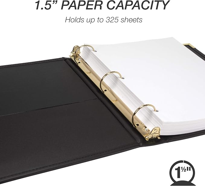 Samsill Classic Collection Leather 3 Ring Binder, Executive Presentation Portfolio, 1.5 Inch (Holds 325 Sheets), Brass Round Ring, Black