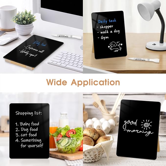 Desktop Black Glass Dry Erase Board, 9.5" x 6.7", Adjustable Wood Stand | Small Glass Whiteboard, Reusable Desk Notepad for Home Office