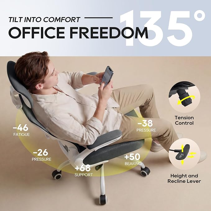 Ergonomic Office Chair for Long Hours, Adjustable Padded Lumbar Support for Lower Back Relief, 330 lb Capacity, Comfortable Computer Desk Chair for Home Office, Work & Study