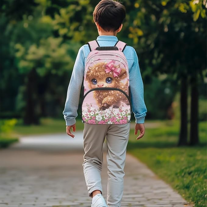 ZFRXIGN Cute Highland Cow Kids Backpack for Girls 4-6 6-8 Bookbag with Cute Pendant 17inch Elementary School Bag and Insulated Lunch Box Portable Pencil Case