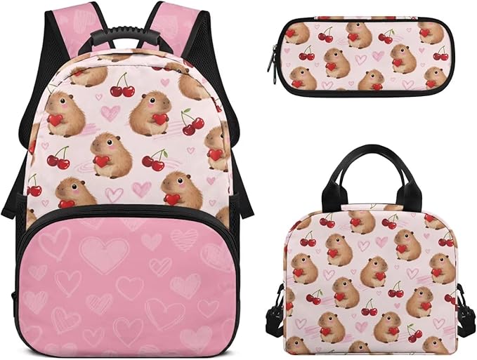Capybara Cherry Backpack for Teen Girls Primary School Bookbags 3 Piece Set Back to School Supplies Kids Schoolbags with Lunch Bag and Pencil Box