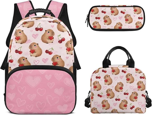 Capybara Cherry Backpack for Teen Girls Primary School Bookbags 3 Piece Set Back to School Supplies Kids Schoolbags with Lunch Bag and Pencil Box