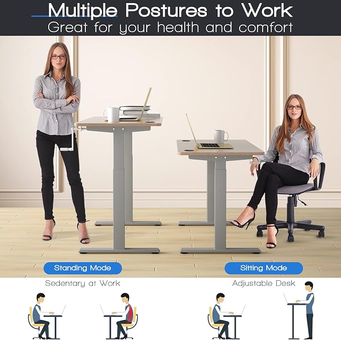 COSTWAY Crank Standing Desk Frame, Manual Hand Crank Workstation Base, Ergonomic Sit to Stand Base w/Foldable Crank Handle, Hook, Cable Management Rack (Grey)