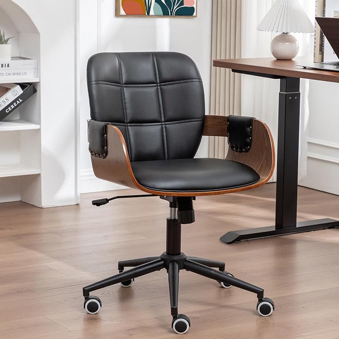 Conference Table Chair with Walnut Finish,Mid Century Modern Office Chair | Ergonomic Curved Back, Bentwood Frame, 360° Swivel & Rocking Function, Height Adjustable 19"-23", Support Up to 350lbs