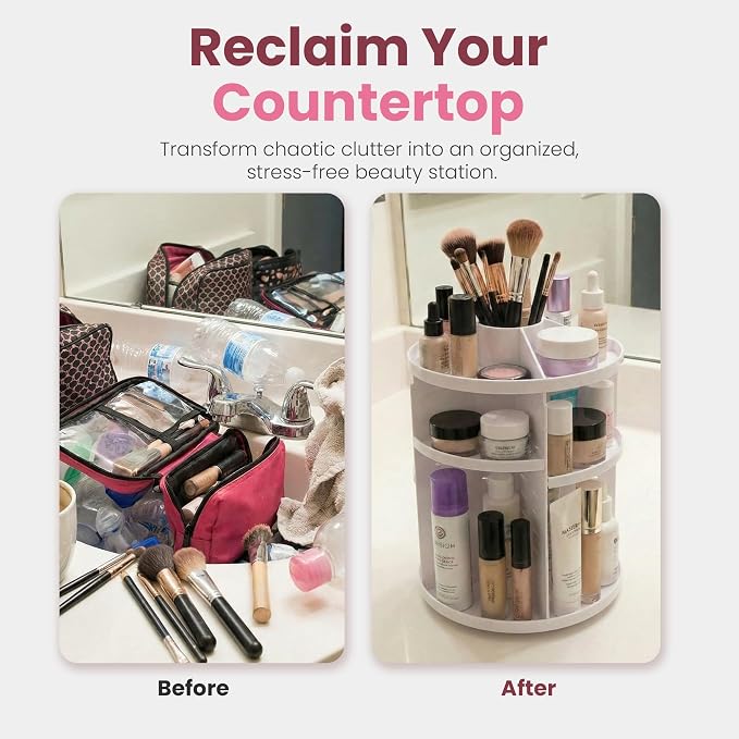 Masirs 360 Rotating Makeup Organizer Countertop, Adjustable Shelf, White | 360-Degree Rotating Makeup Organizer, Adjustable Shelf Height, Cosmetic Perfume Skincare Storage, Vanity Countertop, White