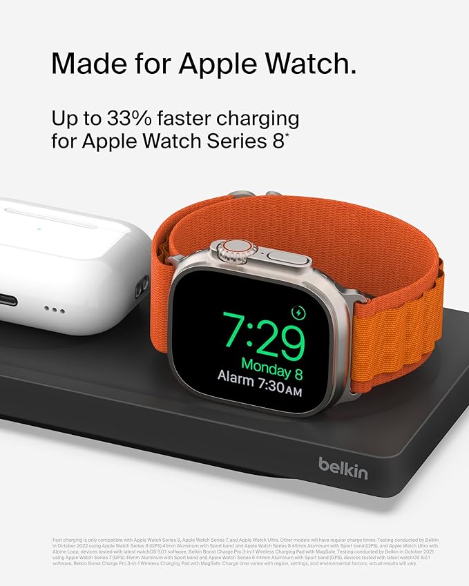Belkin MagSafe 3-in-1 Wireless Charging Pad - Fast Wireless Charging for Apple Watch, iPhone 17, iPhone 16, iPhone 15, & iPhone 14 Series, & AirPods - Charging Station for Multiple Devices - Black