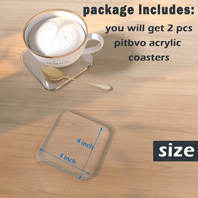 2Pack 4 Inch Square Cute Clear Acrylic Drink Coasters for Desk | Minimal Modern Desk Decor, Office Bar Kitchen Outdoor, Heat Resistant Coasters for DIY Creative Gift