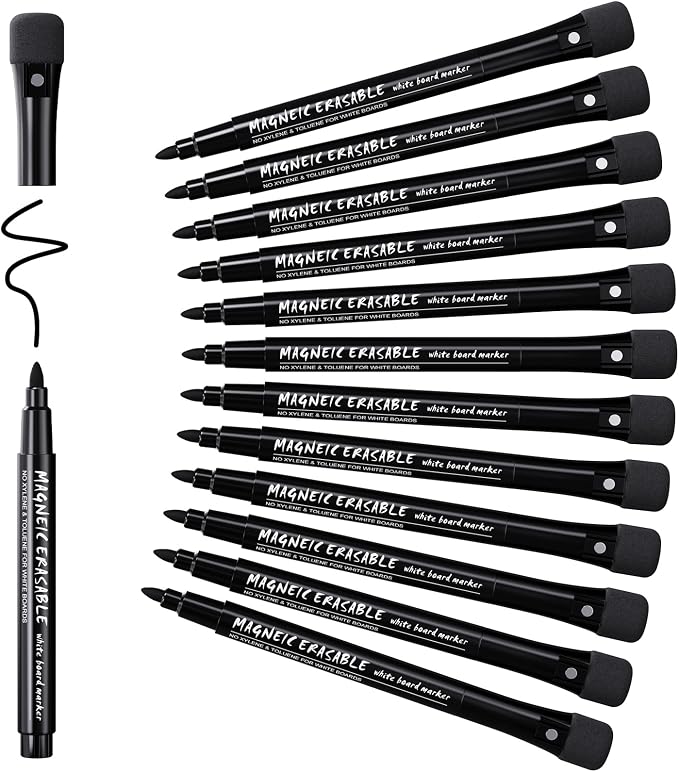 JOBONUS Magnetic Dry Erase Markers Fine Tip Black : 12 White Board Dry Erase Markers with Eraser Cap, Low Odor Erasable Fine Point Markers for Teachers, Home, Office and School Supplies