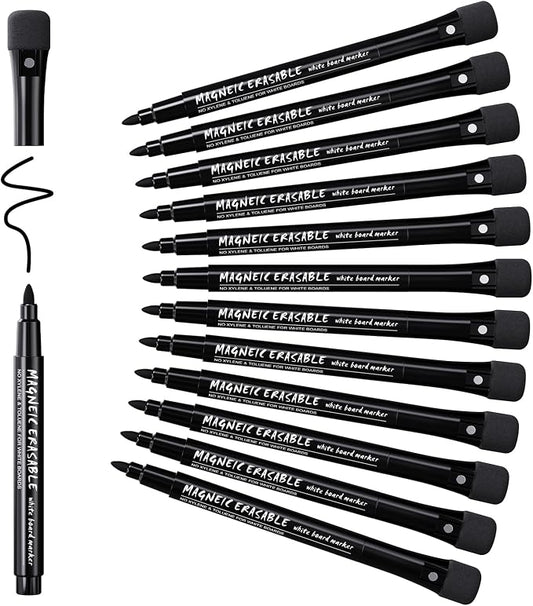 JOBONUS Magnetic Dry Erase Markers Fine Tip Black : 12 White Board Dry Erase Markers with Eraser Cap, Low Odor Erasable Fine Point Markers for Teachers, Home, Office and School Supplies