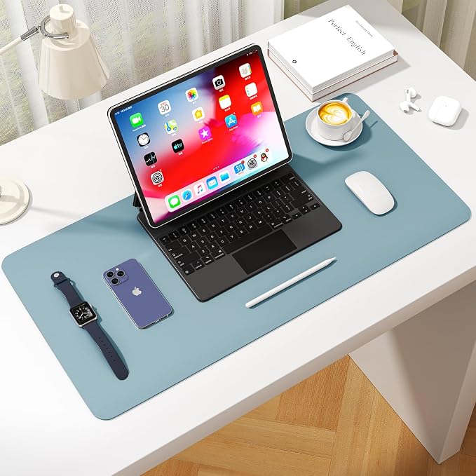Leather Desk Pad Protector, Waterproof Mouse Pad, PU Desk Mat, Office Desk Cover, Desk Writing Mat for Office/Home/Work/Cubicle (Light Blue) 31.5x15.7 in
