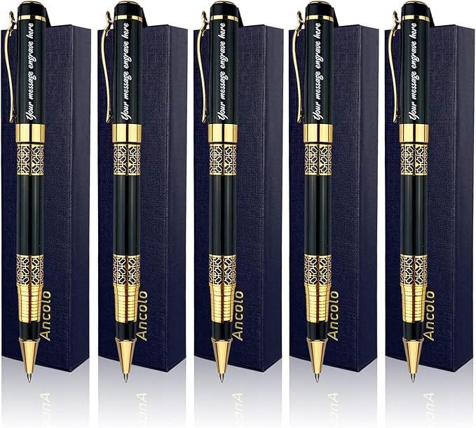 Ancolo Engraved Pens Luxury Business Pen with 10 Black Refills Quality Pens Metal Body - Custom with Names Message - Gift Pen Set for Family Colleague Elder Friends