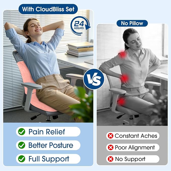 CloudBliss Lumbar Support Pillow & Seat Cushion Set for Office Chair, Desk Chair, Wheelchair & Car – Memory Foam Back Support, Ergonomic Chair Cushions, Sciatica Pain Relief, Home Essentials, Pink