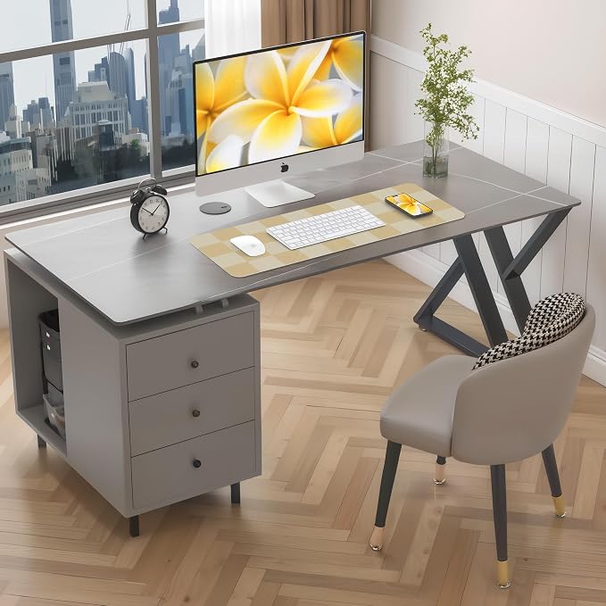 AFIING Leather Desk Mat, 31.5"x12", White Grey | Waterproof PU Leather, Non-Slip Mouse Pad, Aesthetic Desk Decor, For Home Office & Study