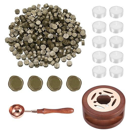 PATIKIL Wax Seal Kit, 300 Pcs Wax Sealing Beads, Wooden Warmer, Melted Spoon, 10 Pcs Tealight Candles for Envelope Letter Mailing Crafts DIY, Bronze