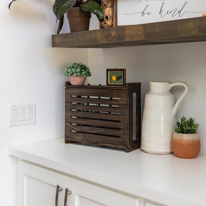 WiFi Router Storage Cabinet Router Box Hider WiFi Box Hider Shelf Cover | Standard • Pine Wood • Espresso Brown Finish • Seamless Side Panel • Fits Routers Up To 11" • Wall Mount Or Desktop Placement