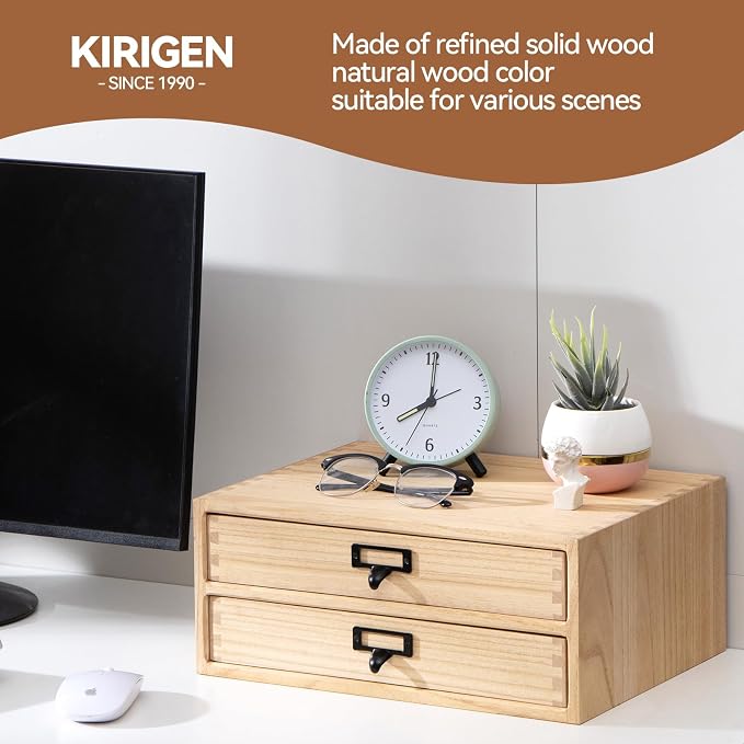 KIRIGEN Solid Wood Desk Organizer with 2 Drawers, Desktop Storage, Natural | 2-Drawer Cabinet for Printer Paper, Mail, Notebooks, and Office Supplies, 13.78 x 10.6 x 5.9 In, Fully Assembled