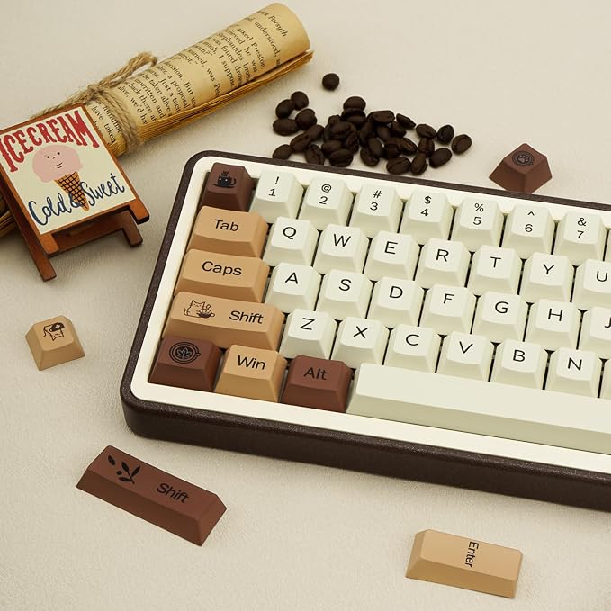 Brown PBT Keycaps, Coffee Cat Cute Keycaps, Cherry Profile Key caps 60 65 75 100 Percent, Dye-Sublimation Custom 130 Keys Set for 100%, 75%, 65%, 60% Cherry Gateron MX Switches Keyboards