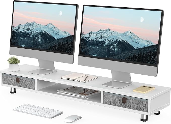 Fenge Dual Monitor Stand, 2-Tier Desk Organizer with Drawers, 42.5in, White | Storage Fabric Drawer, Ergonomic Height Adjustable, Desk Shelf for Top of Desk, Laptop, PC, TV, Home Office Organization