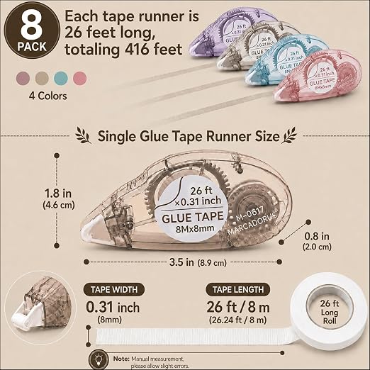 MARCADORUS Double Sided Tape Roller for Crafts, 26 Ft x 0.31 in Glue Tape for Scrapbooking, Pack of 8 Glue Tape Roller Junk Journal Supplies & Scrapbook Supplies.